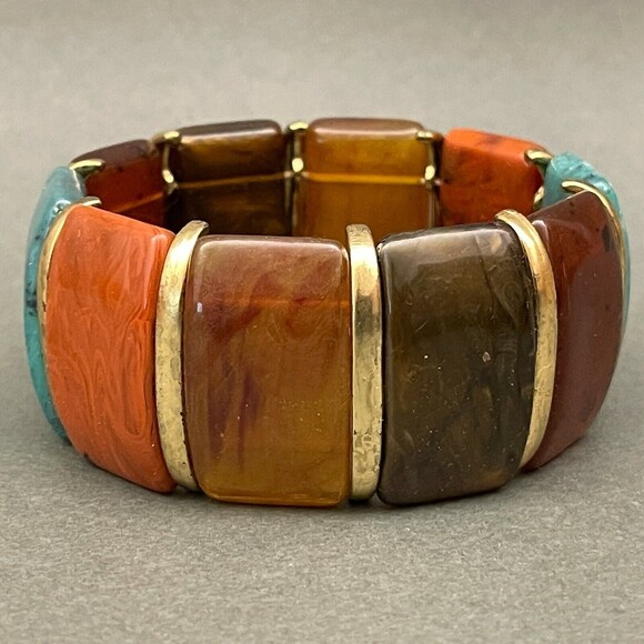 Green Brown Orange Gold-tone Women's Fashion Stretch Bracelet NWOT - Picture 1 of 5